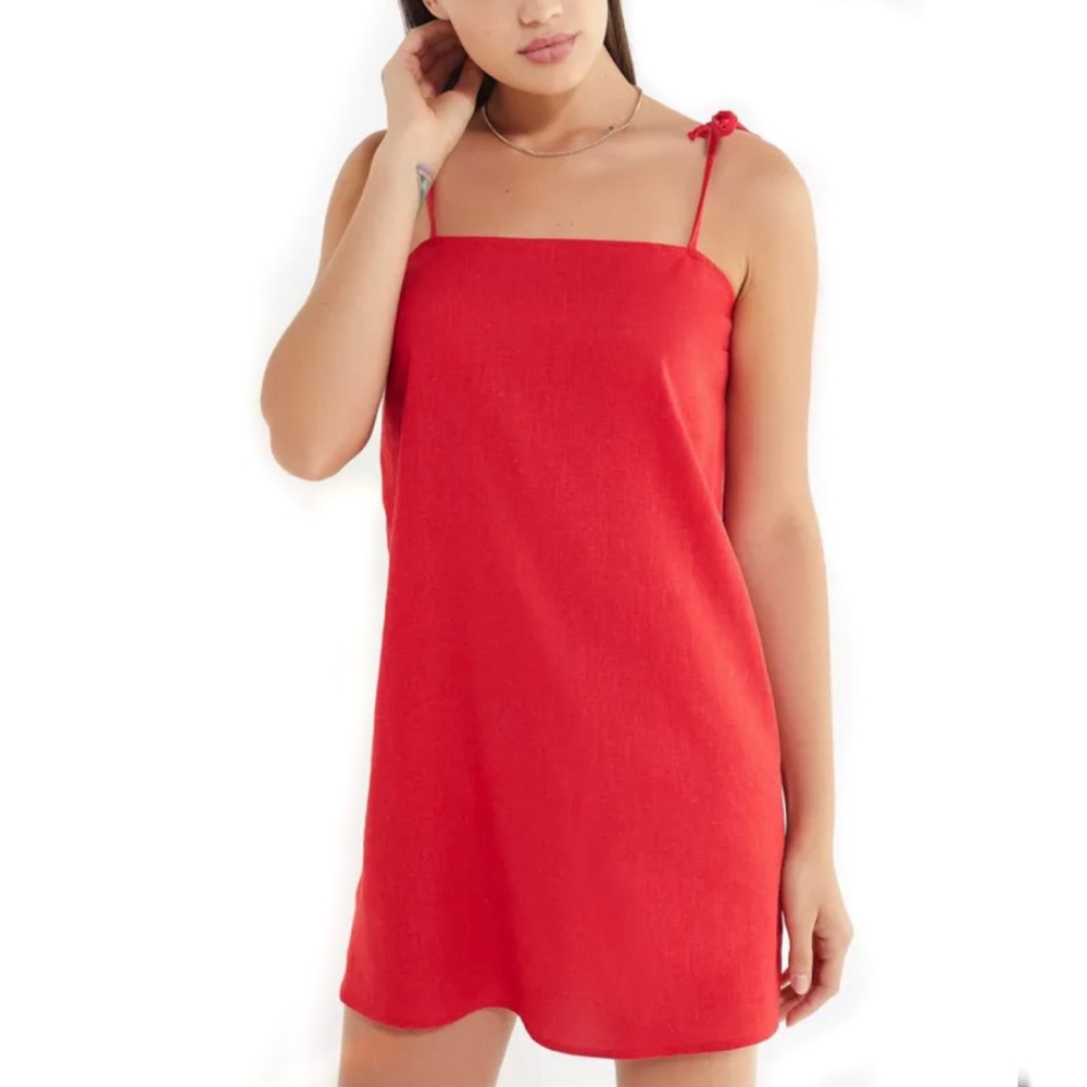 Red Linen Tie Shoulder Dress